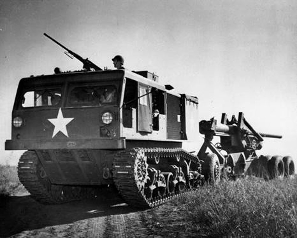 M4 towing the “Long Tom” 155-mm field gun M1