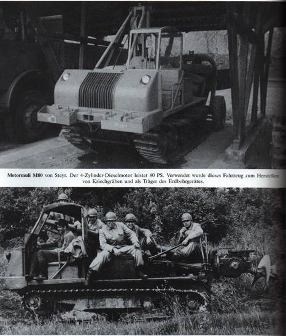 M80 Motormuli in Army service (top: trench-plow with RSO running gear, bottom: man-hole driller with PzJg 1 running gear)