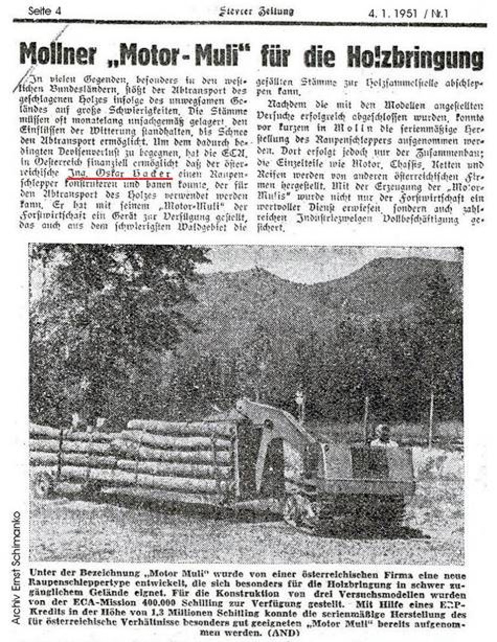 Newspaper article about the “Motormuli GmbH” from 1951