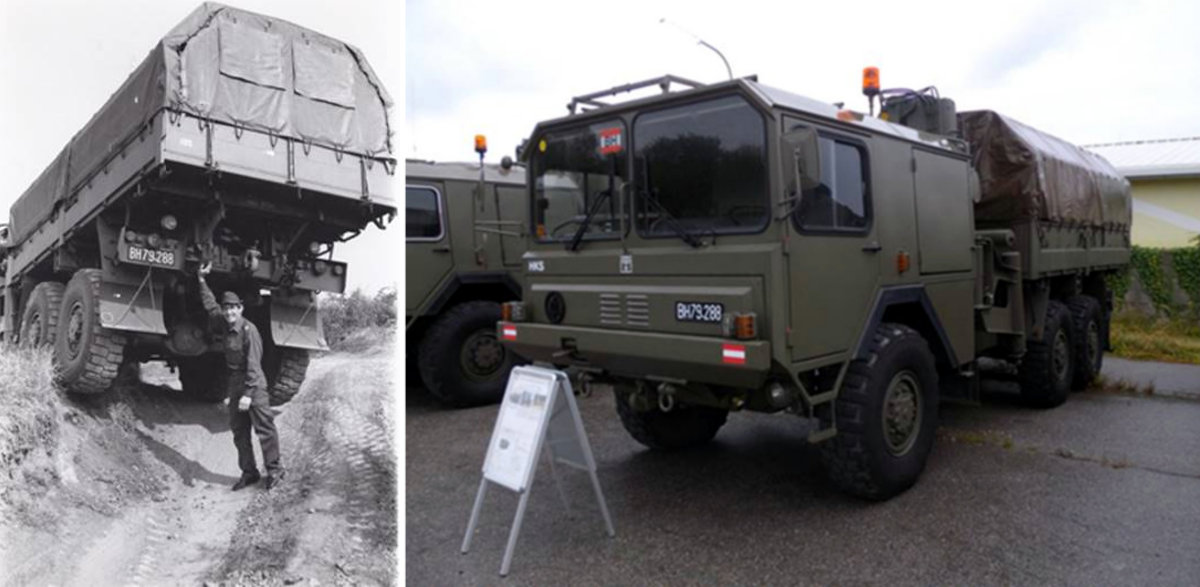 Vzlt. Wolf presenting truck number “288” offroad, and the same vehicle today, completely restored and preserved in our collection