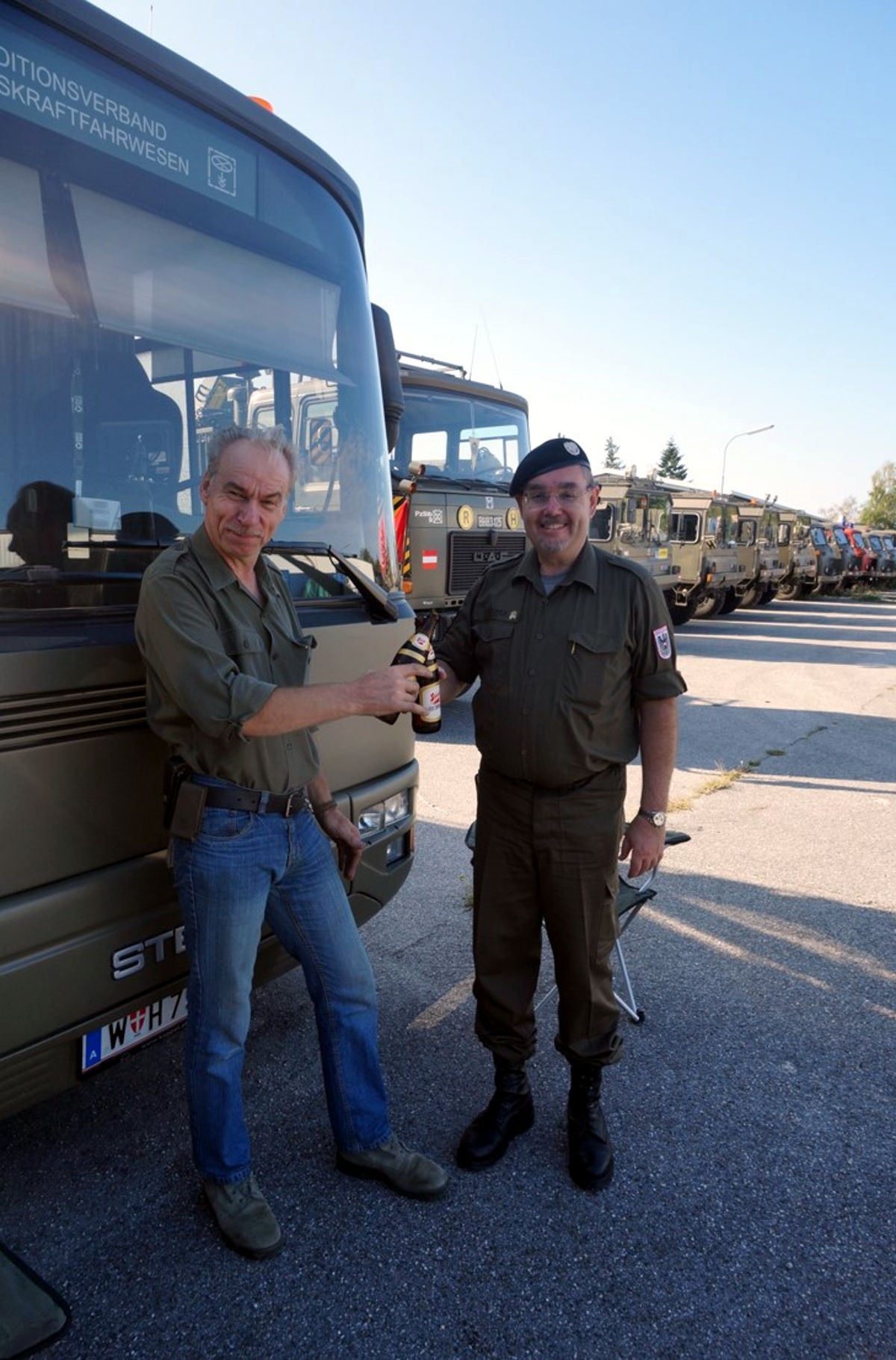 The former owner, Mr. Johann Hetterle, and Traditionsverband president Hermann Spoerker celebrating the arrival of the vehicle